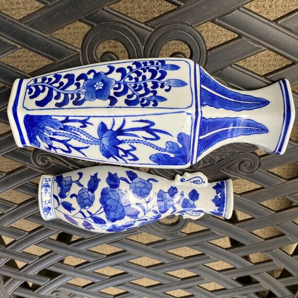 Chinoiserie Wall Pockets - Blue and White Wall Vases - Picture 10 of 14